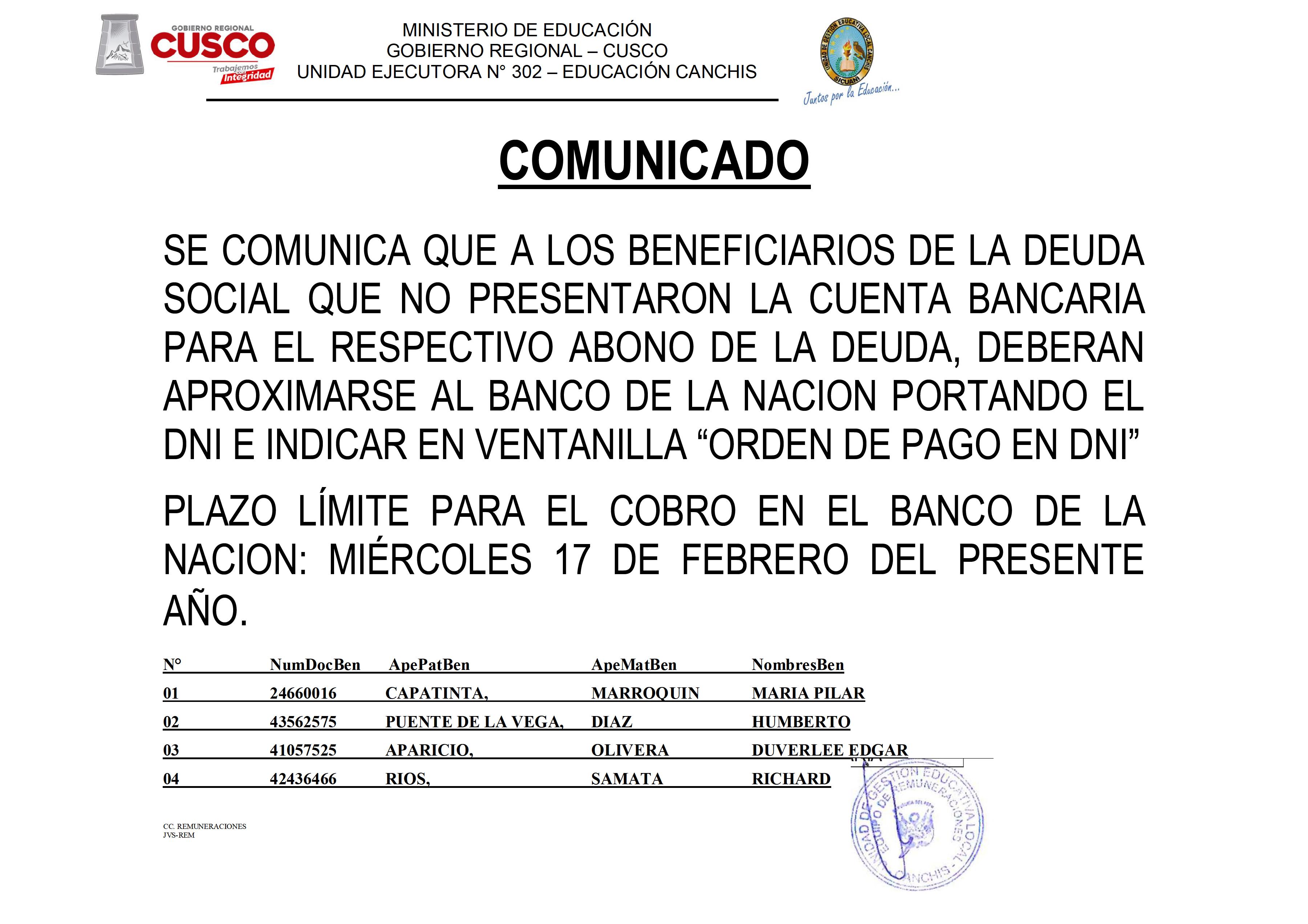 Comunicado - BENEFICIARIOS DE LA DEUDA SOCIAL